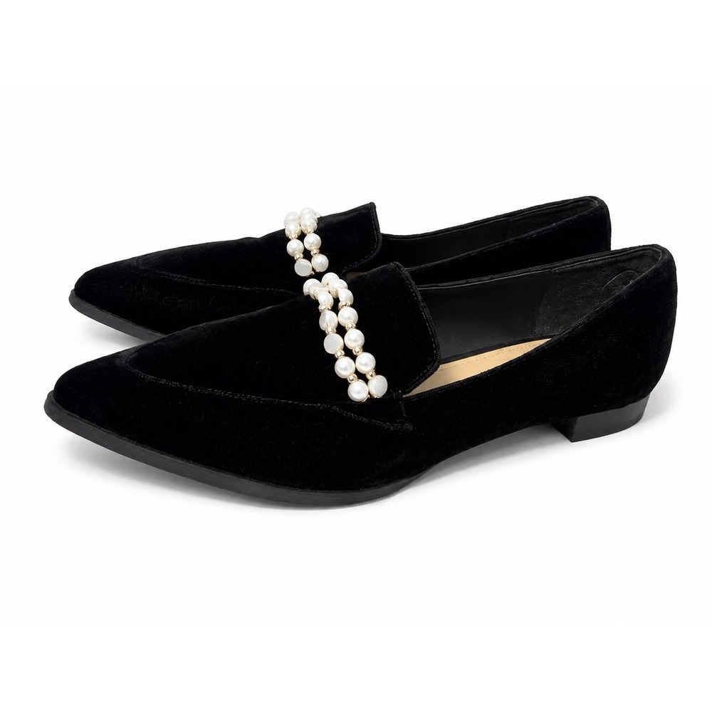 Marc Fisher Black Velvet Pearl Embellished Pointed Toe Loafers Flats Womens 8M
